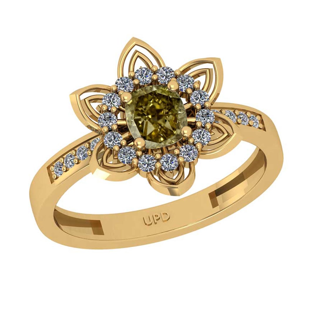 1.17 Ct GIA Certified Fancy Brown Yellow And White Diamond 14K Yellow Gold: Center Diamond Weight : 0.91 Ctw ( 1psc Cushion Cut) GIA Certified Center Stone Color : Fancy Brown Yellow Diamond Center Stone Clarity : VVS1 Stone Setting : Prong Side Stone Weight Of Ctw 0.26 ctw S