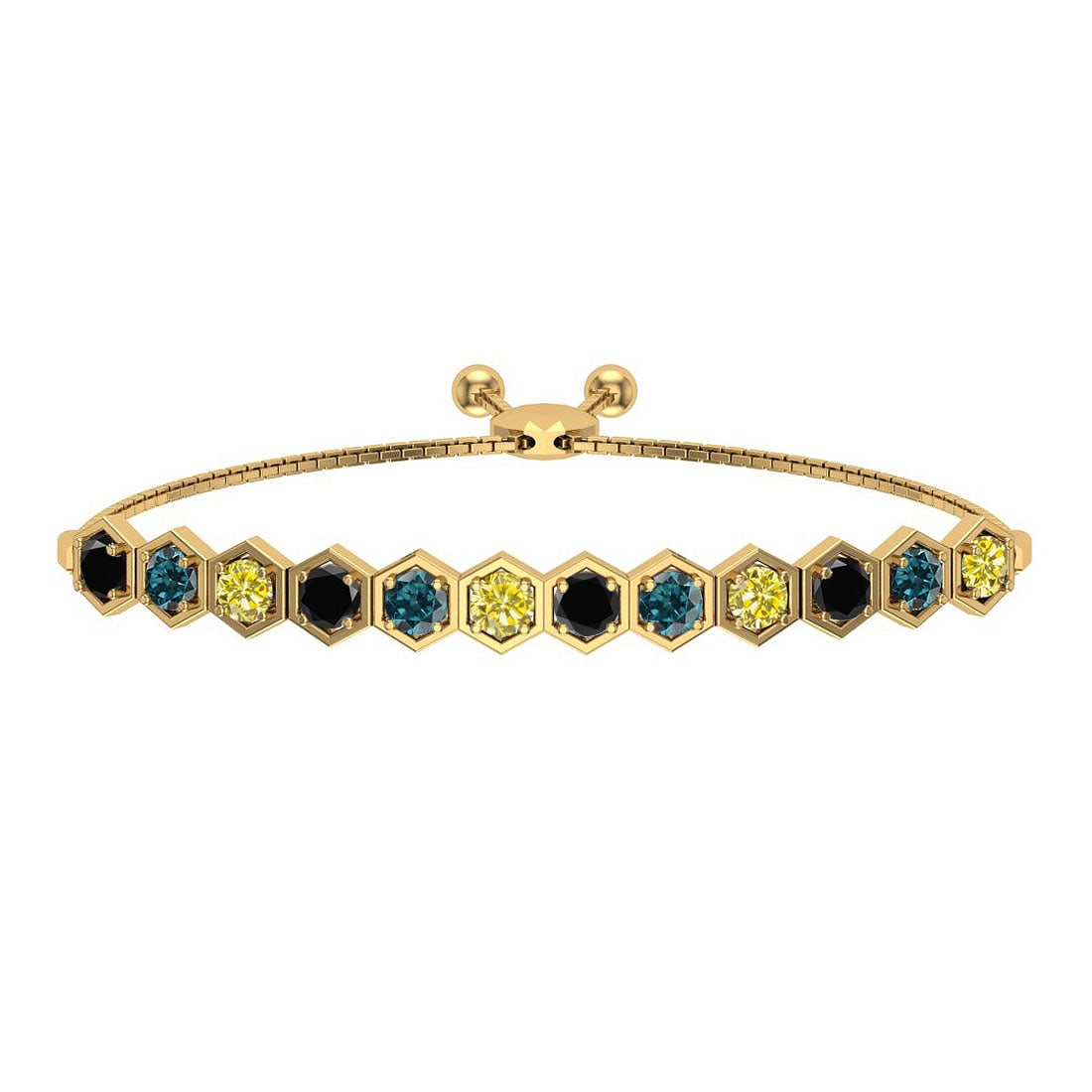1.23 Ctw I2/I3 Multi Diamond14K Yellow Gold Slide Bracelet: Center Diamond Weight : 1.23 Ctw (Round Cut) Center Diamond Color :- Treated Fancy Blue black yellow diamond Center Clarity : I2/I3 Stone Setting : Prong Metal Weight : Approx 6.70 Gram 14K Yellow
