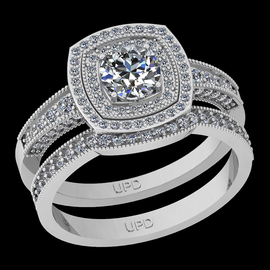 1.70 Ctw SI2/I1 Diamond 14K White Gold Bridal Wedding Two Row Halo Set Ring: Center Diamond Weight : 0.85 Ctw (Round Cut) Center Diamond Color :-J-K Stone Clarity :SI2/I1 Center Stone Setting : Prong Side Stone Weight Of Ctw 0.85 Ctw Side Stone Color : J-K Stone Clarity :SI2/I