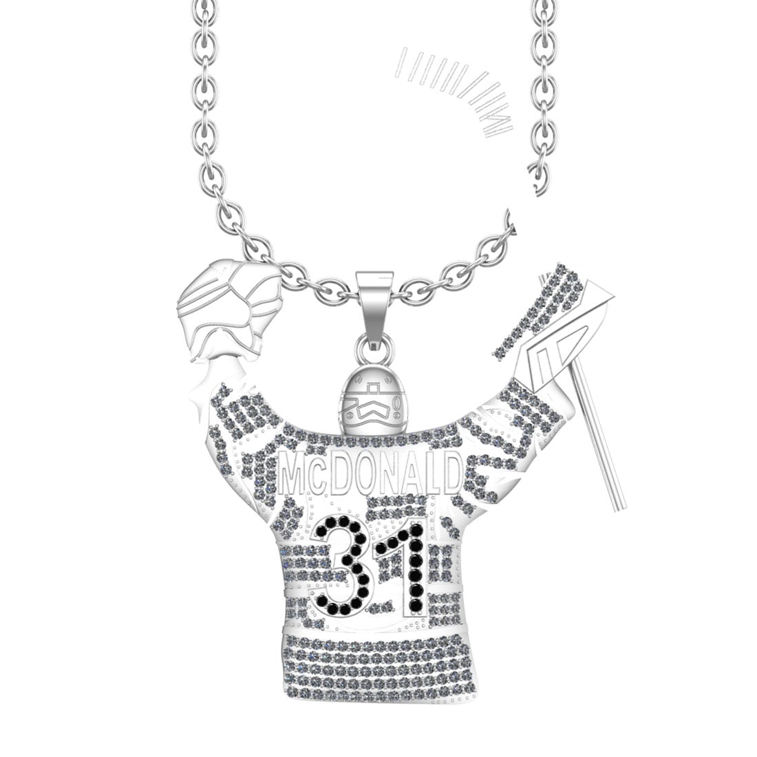 3.46 Ctw Treated Fancy Black Diamond 14K White Gold Hockey theme Pendant Ne: Center Diamond Weight : 0.22 Ctw (Round Cut) Center Color :-Treated Fancy Black Diamond Clarity : I2/I3 Setting : Prong Side Weight Of Ctw 3.24 Ctw Color : J-K Clarity : I2/I3 Stone Setting : Prong