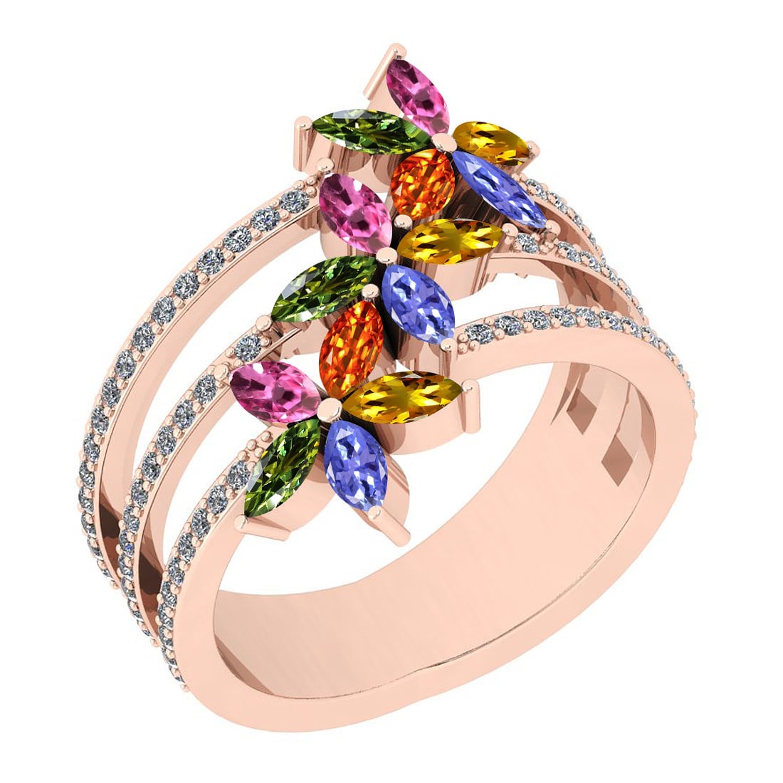 Certified 1.48 Ctw I2/I3 Multi Sapphire, tanzanite And Diamond 10K Rose Gol: Multi Stone Approx Weight: 1.10 Ctw (Marquise Cut) Multi Stone Color: Sapphire tanzanite Center Setting: Prong Side Stone 0.38 ctw Side Stone Color: J-K Side Stone Setting: Prong Side Stone Clarity: I