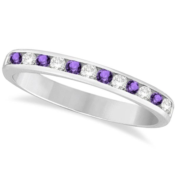 Amethyst and Diamond Semi-Eternity Channel Ring 14k White Gold 0.40ctw: CENTER STONE; Amethyst CENTER STONE CLARITY; CENTER STONE COLOR; Purple CENTER STONE SETTING; Channel SIDE STONE CLARITY; SI SIDE STONE COLOR; J-K SIDE STONE SETTING; Channel ctw OF SIDE STONE: 0.2