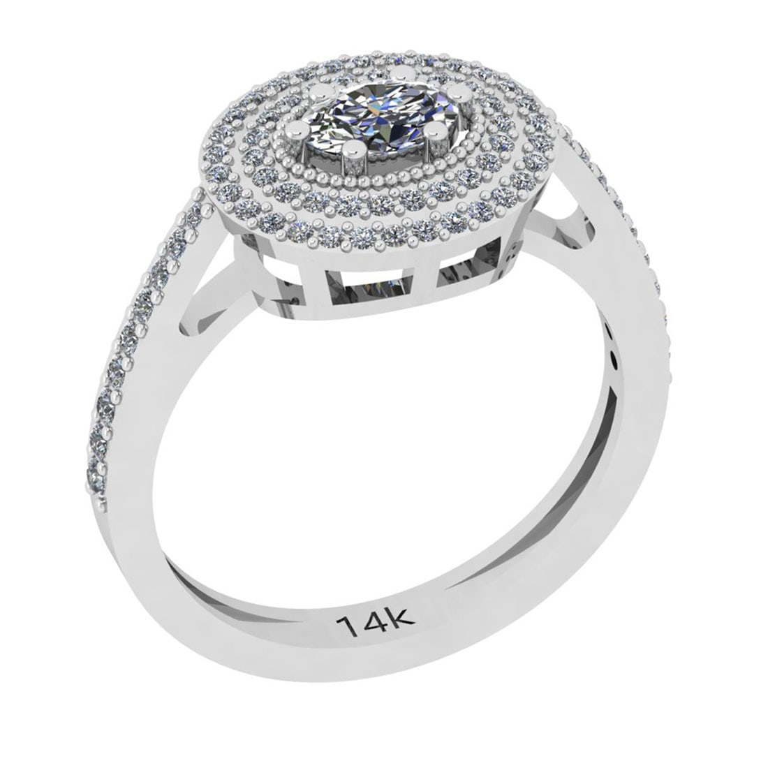 0.80 Ctw SI2/I1 Diamond 14K White Gold Engagement Halo Ring: Center Diamond Weight : 0.50 Ctw (Oval Cut) Center Diamond Color : J-K Center Stone Setting : Prong Center Stone Clarity : SI2/I1 Side Stone Weight Of Ctw 0.30 Ctw Side Stone Color : J-K Stone