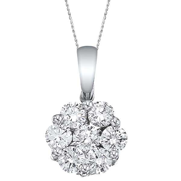 Diamond Cluster Flower Pendant Necklace in 14k White Gold 1.00ctw: CENTER STONE; Diamond CENTER STONE CLARITY; SI CENTER STONE COLOR; J-K CENTER STONE SETTING; Prong SIDE STONE CLARITY; SIDE STONE COLOR; SIDE STONE SETTING; ctw OF SIDE STONE: SIDE STONE QUALITY;