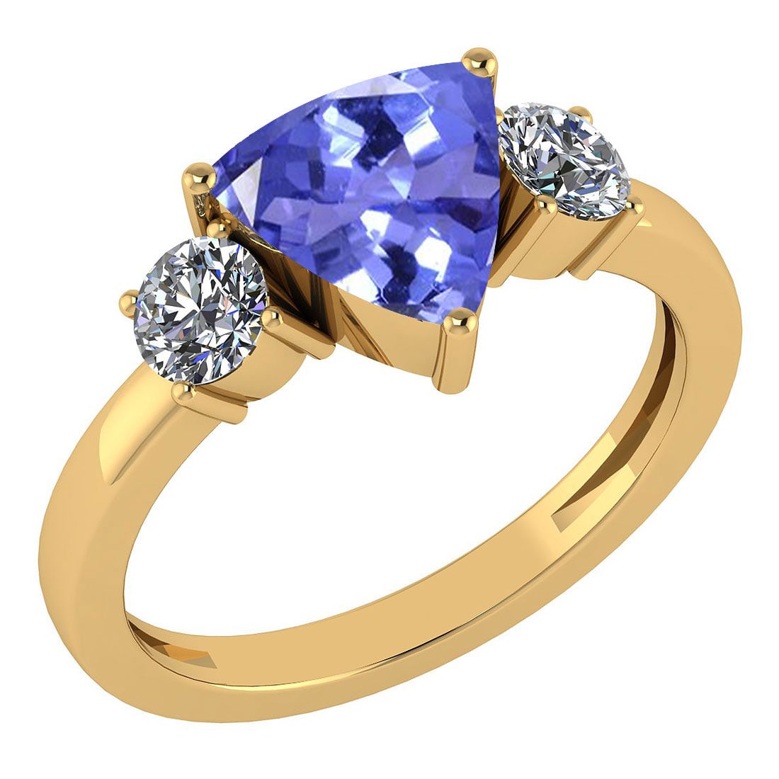 Certified 2.25 Ctw Tanzanite And Diamond Ladies Fashion Halo Ring 14K Yello: Center Stone Weight ; 1.75 Ctw (1 Pcs Trillion) Center Stone Color: Tanzanite Center Stone Setting ; Prong Side Stone (2 Pcs Round Cut Diamond) 0.50 ctw Side Stone Color: White G-H Diamond Side Stone 