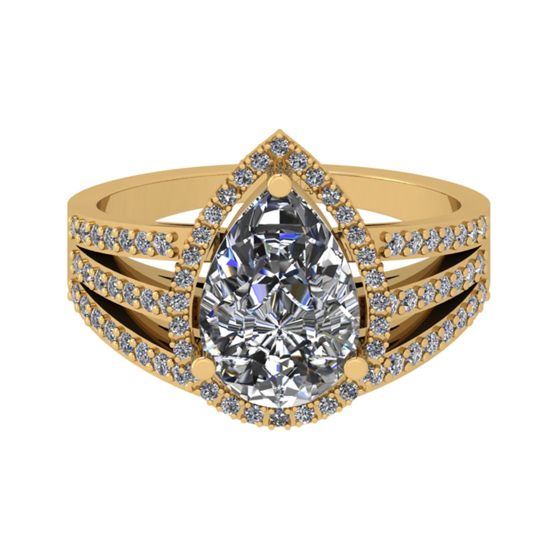 2.91 Ctw SI2/I1 Diamond 14K Yellow Gold Engagement Halo Ring: Center Diamond Weight : 2.50 Ctw (Pear Cut) Center Diamond Color : J-K Center Stone Setting : Prong Center Stone Clarity : SI2/I1 Side Stone Weight Of Ctw 0.41 Ctw Side Stone Color : J-KStone Clarity 