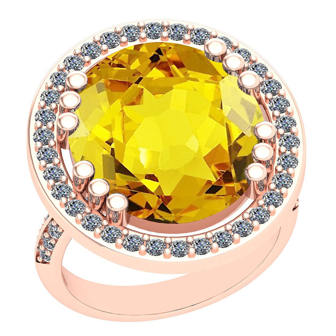 19.84 Ctw I2/I3 Lemon Topaz And Diamond 14k Rose Gold Engagement Halo Ring: Center Stone Weight : 19.06 Ctw (1 Psc Oval Cut ) Center Stone Color : Lemon Topaz Center Stone Setting : Prong Side Stone Weight Of Ctw 0.78 Ctw Side Stone Color : J-K Stone Clarity : I2/I3 Stone