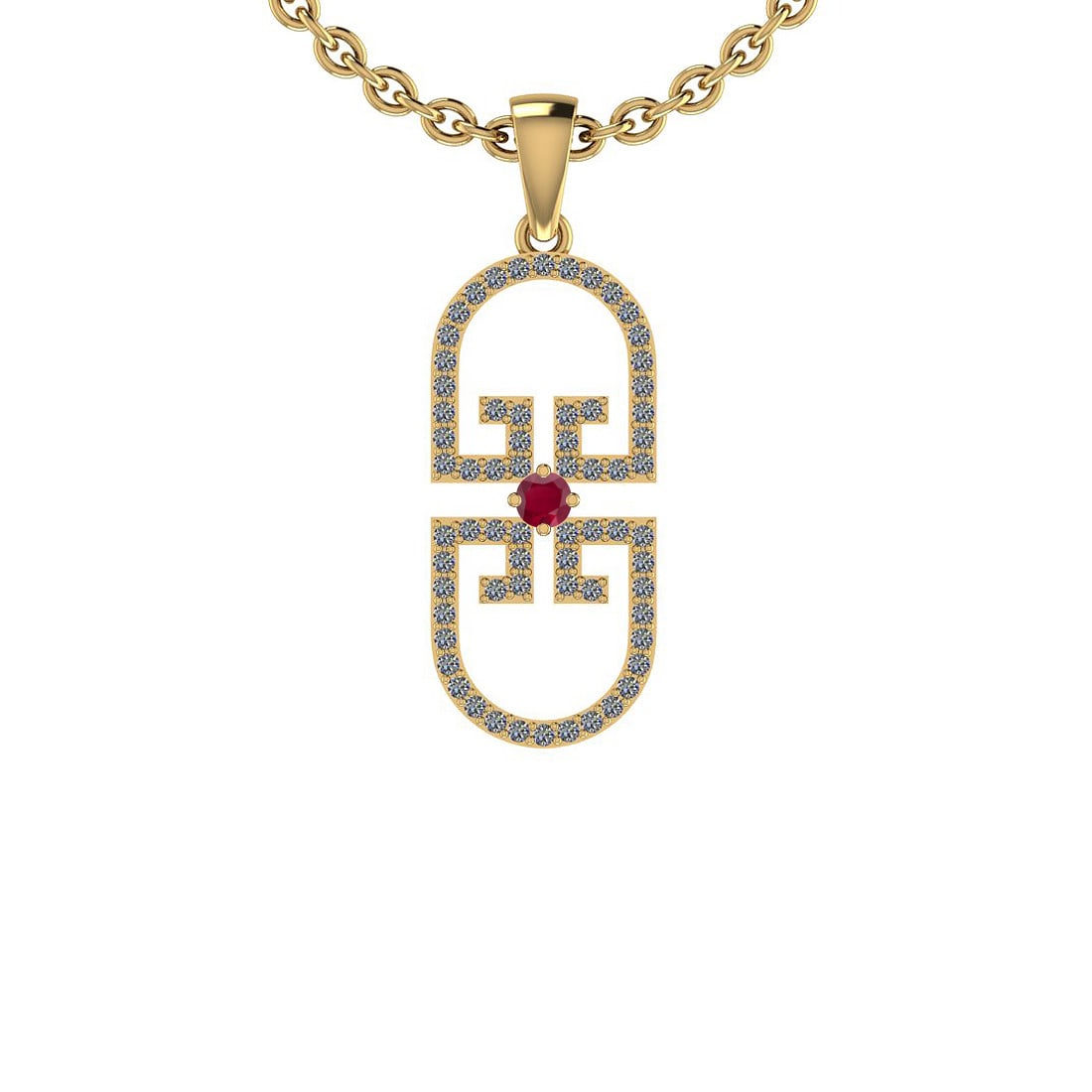 0.62 Ctw SI2/I1 Ruby And Diamond 14K Yellow Gold Pendant: Center Stone Weight : 0.10 Ctw (Round Cut) Center Stone Color :-Ruby Center Stone Setting : Prong Side Stone Weight Of Ctw 0.52 Ctw Side Stone Color : G-H Stone Clarity :SI2/I1 Stone Setting : Prong