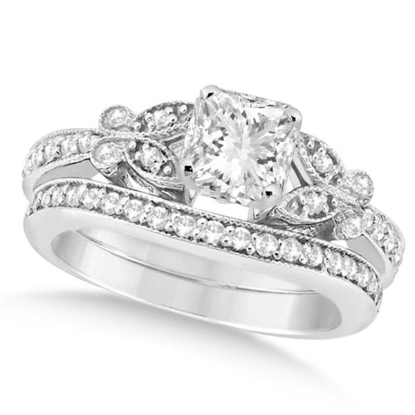 Princess Diamond Butterfly Bridal Ring Set 14k White Gold 1.21ctw (1 of 1)