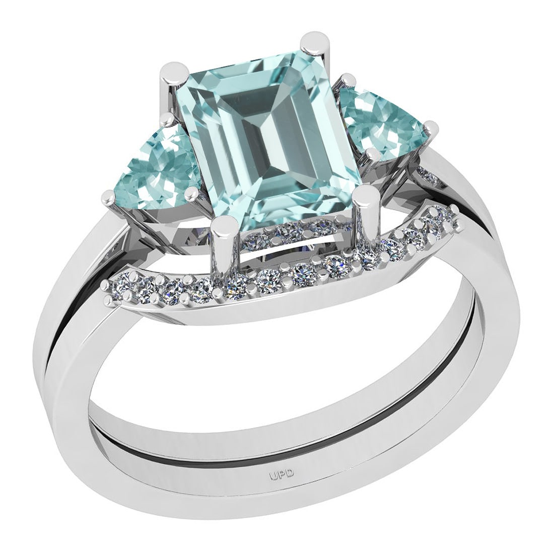 3.19 Ctw SI2/I1 Aquamarine And Diamond 14k White Gold Bridal Wedding Set Ri: Center Stone Weight : 3.09 Ctw ( 2 Psc Emerlad & Trillion Cut) Center Stone Color :-Aquamarine Center Stone Setting : Prong Side Stone Weight Of Ctw 0.10 Ctw Side Stone Color : J-K Stone Clarity :