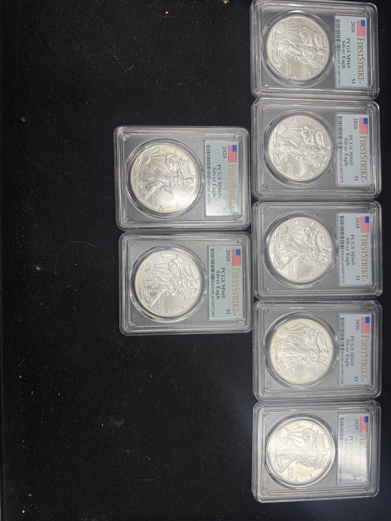 Lot of 2020 PCGS MS69 Certified American Silver Eagles First Strike .999 7: Lot of 2020 PCGS MS69 Certified American Silver Eagles First Strike .999 7 pieces #PAPPS98525v15