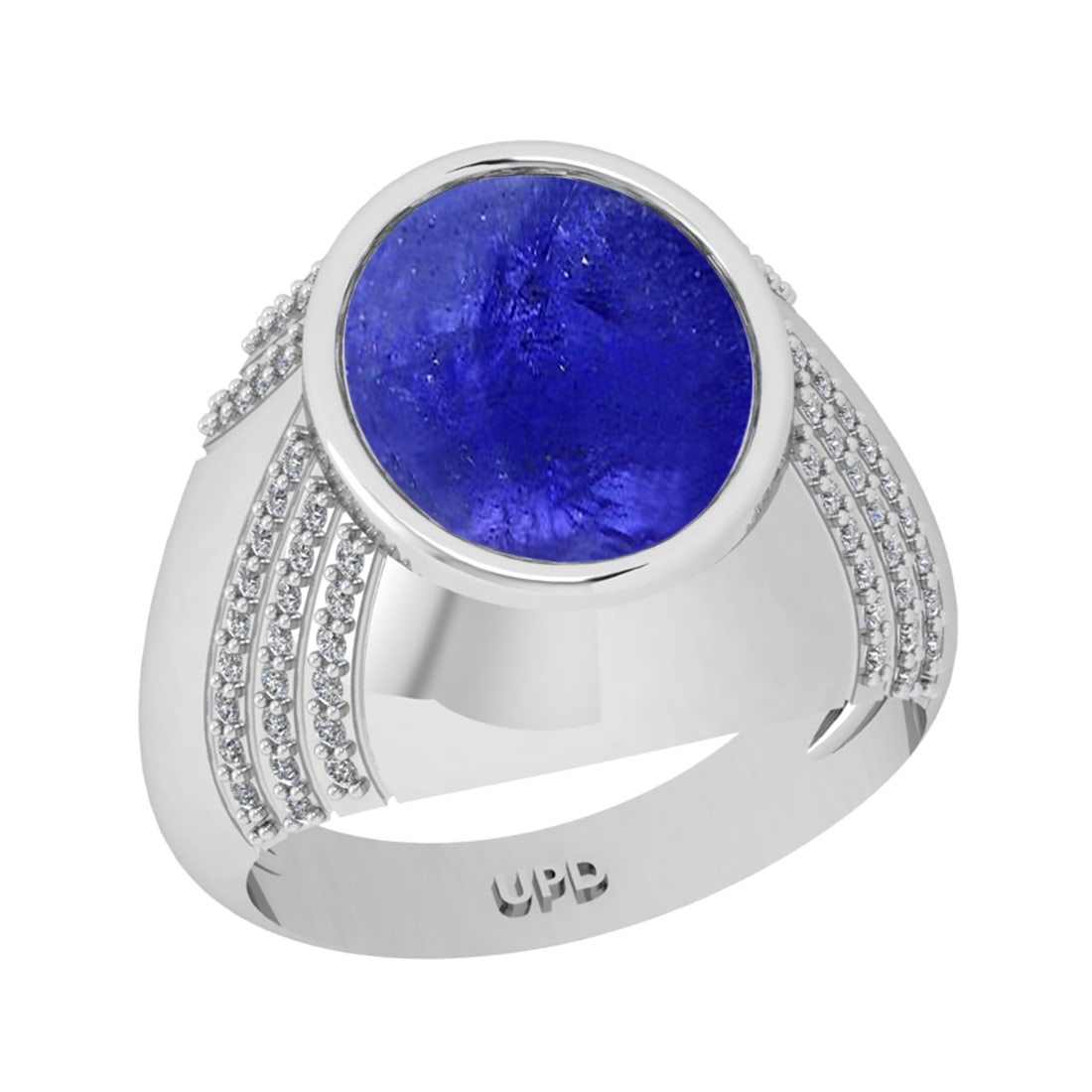 7.00 Ctw I2/I3 Tanaznite And Diamond 14K White Gold Engagement Ring: Center Stone Weight : 6.65 Ctw ( Oval Cab ) Center Stone Color : Tanaznite Stone Setting : Prong Side Diamond Weight Of Ctw0.35 Ctw Side Stone Color : J-K Stone Clarity : I2/I3 Stone Setting : Prong