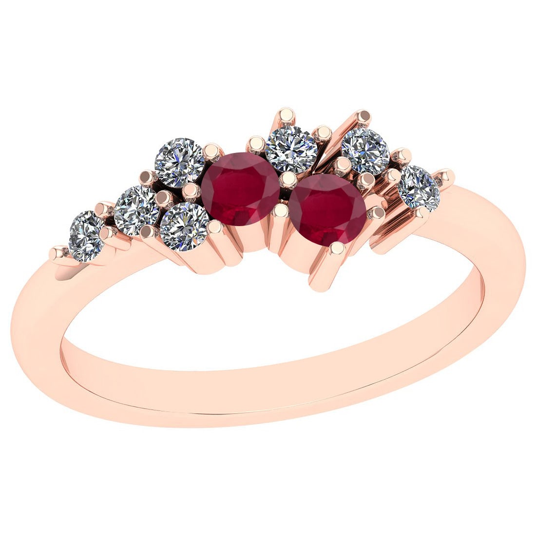 0.44 Ctw VS/SI1 Ruby And Diamond 14K Rose Gold Vintage Style Ring: Center Stone Weight: 0.20 Ctw Round Cut Center Stone Color: Ruby Center Stone Setting: Prong Side Stone 0.24 Ctw Side Stone Color: J-K Stone Clarity: VS/SI1 Stone Setting: Prong Metal Weight: 3.10