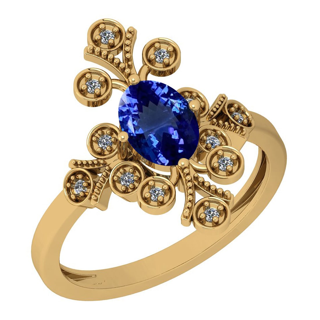 Certified 2.07 Ctw VS/SI1 Tanzanite And Diamond 14K Yellow Gold Vintage Sty: Center Stone Approx Weight: 2.00 Ctw (1 Pcs Oval Cut) Center Stone Color: Tanzanite Center Stone Setting: Prong Side Stone 0.07 Ctw Side Stone Color: G-H Stone Clarity: VS/SI1 Stone Setting: Prong