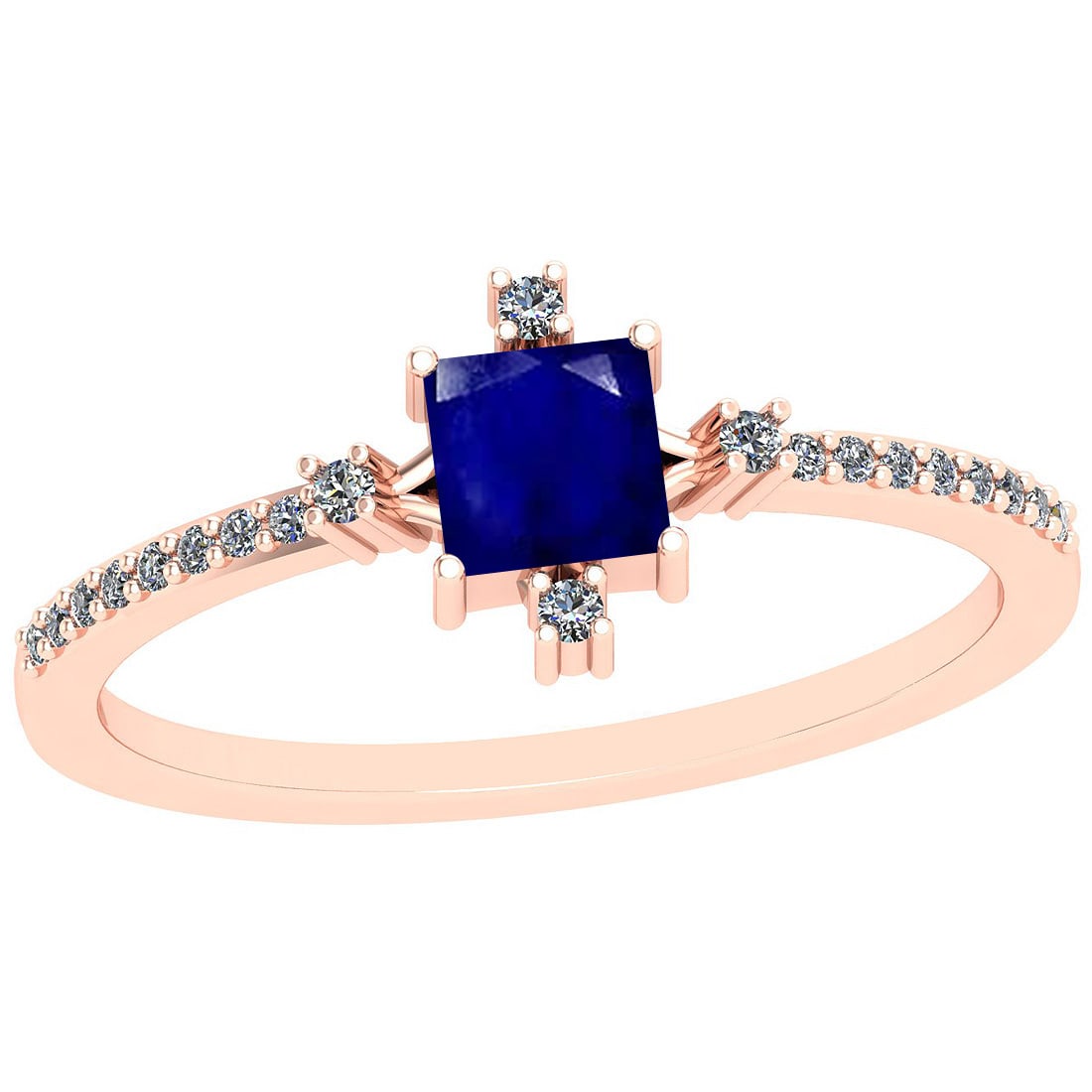 0.53 Ctw SI2/I1 Blue Sapphire And Diamond 14K Rose Gold Ring: Center Stone Weight : 0.39 Ctw (Square cut) Center Stone Color :-Blue Sapphire Stone Setting : Prong Side Stone Weight Of Ctw 0.14 Ctw Side Stone Color : J-K Stone Clarity : SI2/I1 Stone Setting :