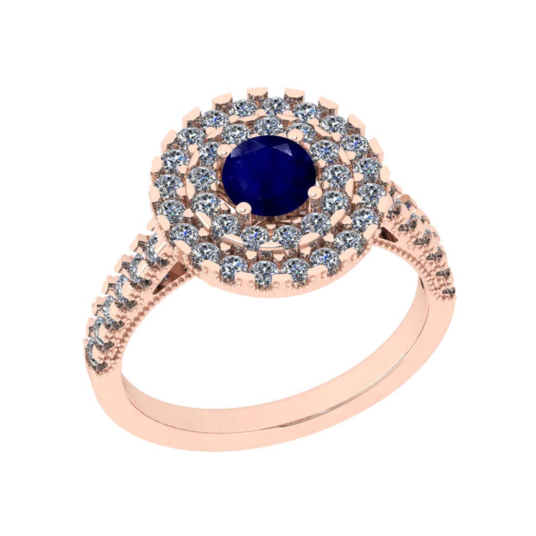 1.30 Ctw SI2/I1 Blue Sapphire And Diamond 14K Rose Gold two Row Engagement: Color Stone Weight : 0.50 Ctw (Round Cut ) Center Stone Color : Blue Sapphire Center Stone Setting : Prong Side Stone Weight Of Ctw 0.80 Ctw Side Stone Color : J-K Stone Clarity : SI2/I1 Stone