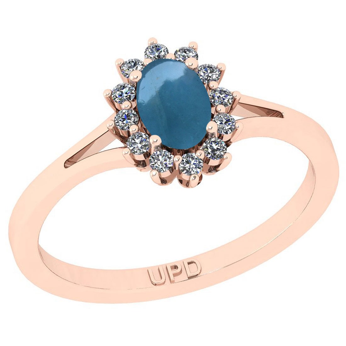2.00 Ctw I2/I3 Aquamarine And Diamond 14K Rose Gold Promises Ring: Center Stone Weight : 1.77 Ctw ( Oval Cab) Center Stone Color :-Aquamarine Stone Setting : Prong Side Stone Weight Of Ctw 0.23 Ctw Side Stone Color : J-K Stone Clarity : I2/I3 Stone Setting : Prong