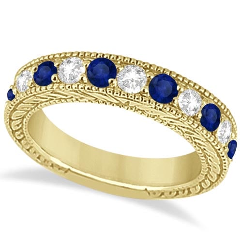 Antique style Diamond and Sapphire Wedding Ring Band 14k Yellow Gold 1.46ct: CENTER STONE; Blue Sapphire CENTER STONE CLARITY; Eye Clean CENTER STONE COLOR; Blue CENTER STONE SETTING; Bead SIDE STONE CLARITY; SI1-SI2 SIDE STONE COLOR; J-K SIDE STONE SETTING; Bead ctw OF SIDE