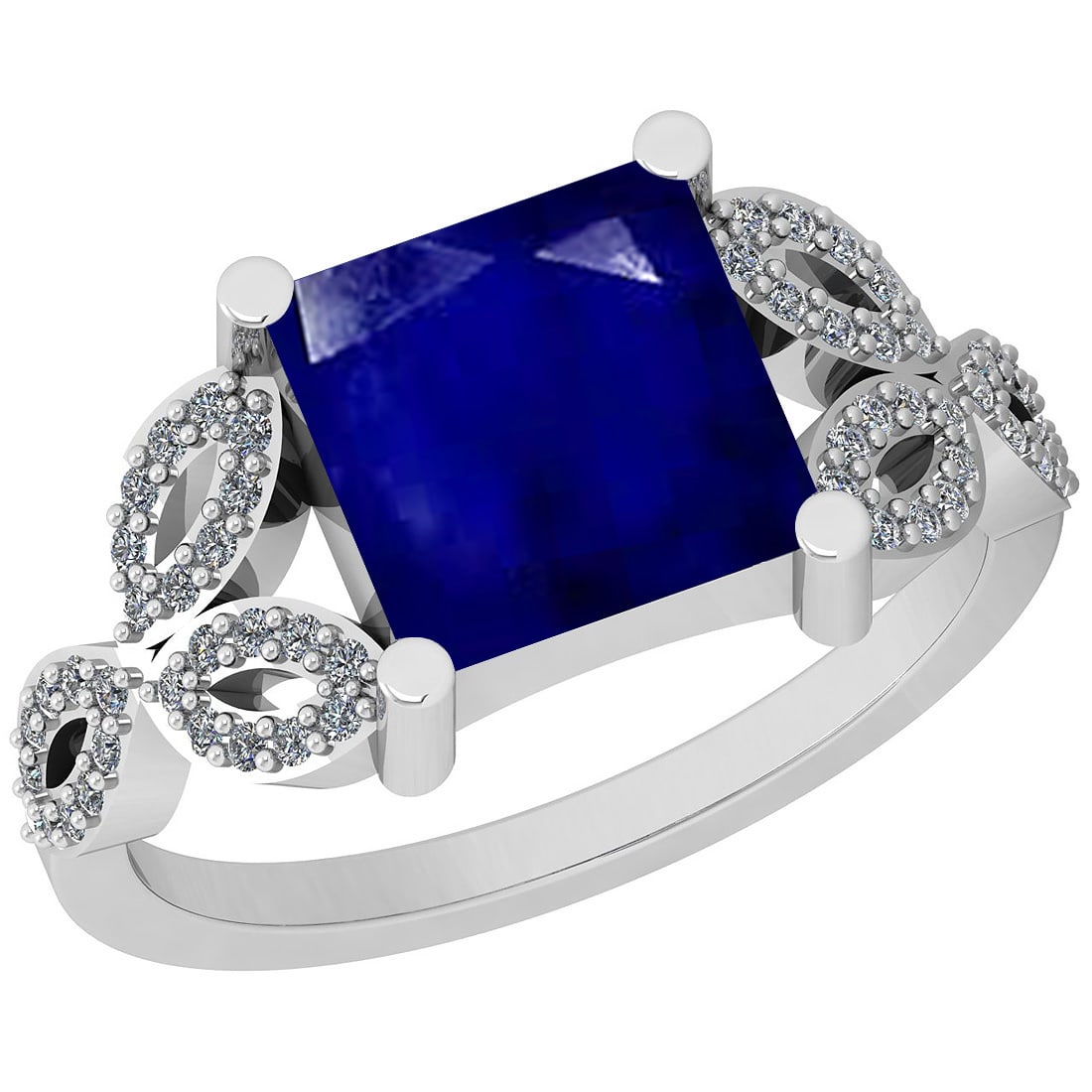 1.70 Ctw SI2/I1 Blue Sapphire And Diamond 14K White Gold Ring: Center Stone Weight : 1.50 Ctw (Square cut) Center Stone Color :-Blue Sapphire Stone Setting : Prong Side Stone Weight Of Ctw 0.20 Ctw Side Stone Color : J-K Stone Clarity : SI2/I1 Stone Setting :