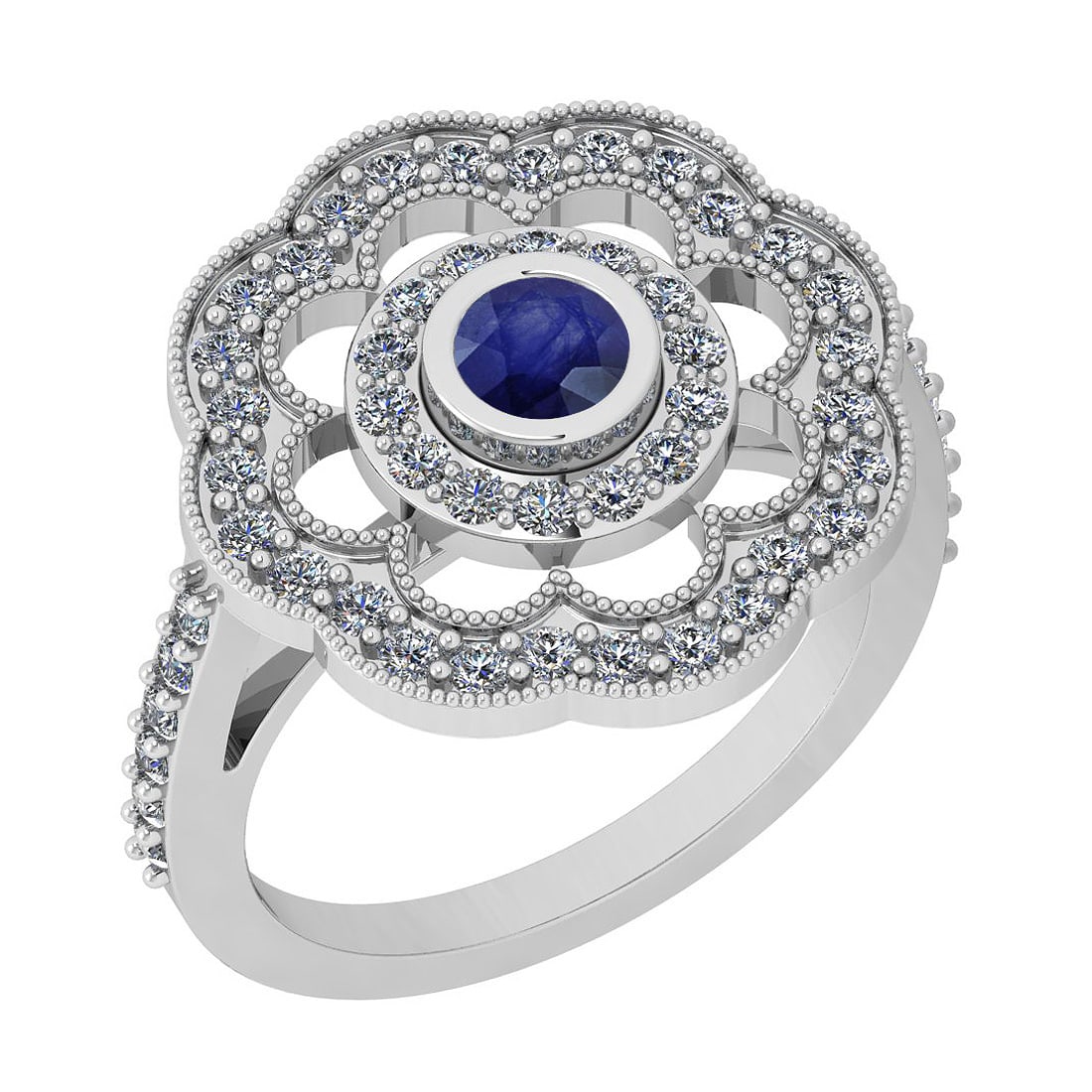 1.09 Ctw SI2/I1 Blue Sapphire And Diamond 14K White Gold Engagement Halo Ri: Center Weight : 0.34 Ctw ( Round Cut ) Center Color :- Blue Sapphire Stone Setting : Bezel Side Stone Weight Of Ctw 0.75 Ctw Side Stone Color : J-K Stone Clarity : SI2/I1 Stone Setting : Prong Metal