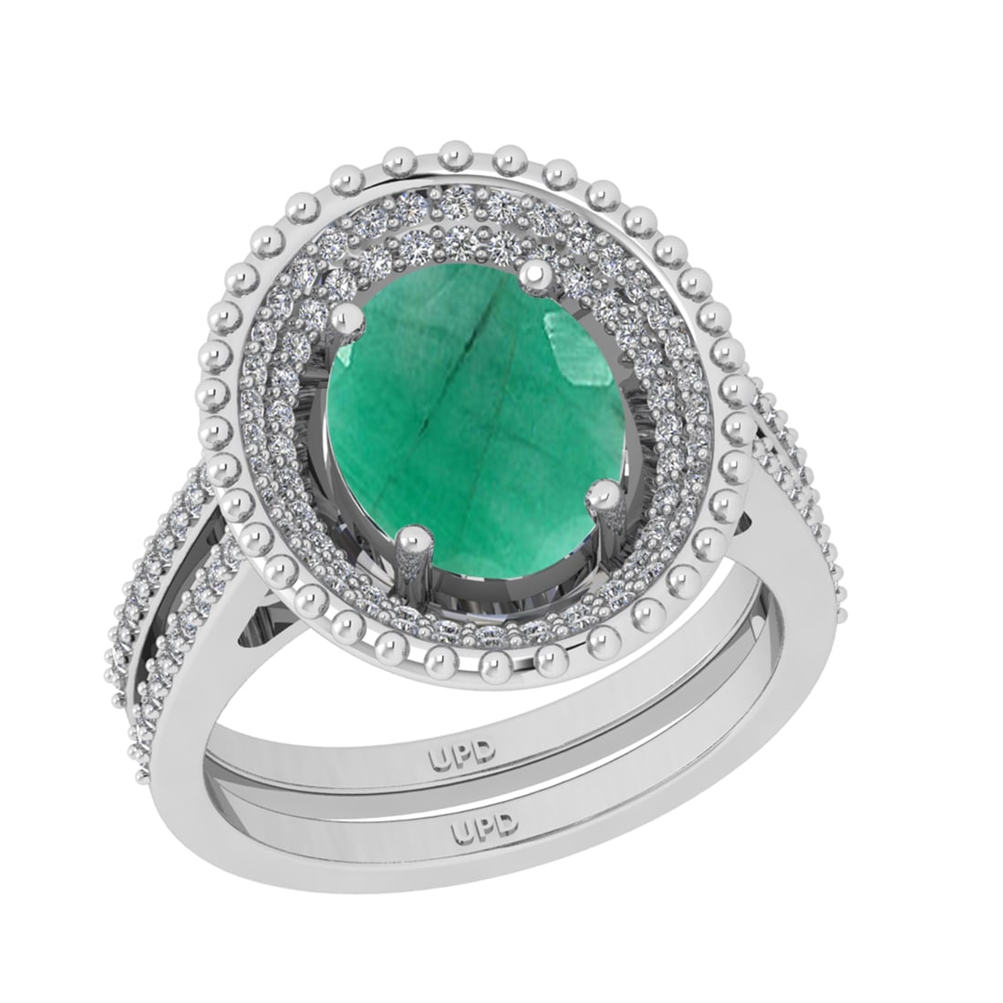 3.04 Ctw I2/I3 Emerald And Diamond 14K White Gold Engagement Ring: Center Stone Weight : 2.50 Ctw ( Oval Cut ) Center Stone Color : Emerald Stone Setting : Prong Side Diamond Weight Of Ctw 0.54 Ctw Side Stone Color : J-K Stone Clarity : SI2/I1 Stone Setting : Prong