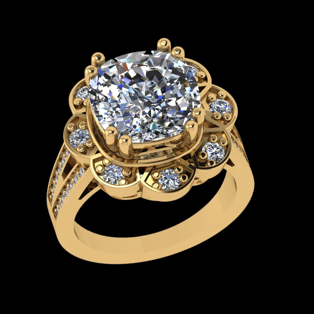 2.58 Ctw VS/SI1 Diamond 18k Yellow Gold Engagment Ring: Center Diamond Weight : 2.00 Ctw (Cushion Cut) Color : J-K Clarity : VS/SI1 Setting : Prong Side Weight Of Ctw 0.58 Ctw Color : J-K Clarity : VS/SI1 Stone Setting : Prong Metal Weight : Approx 8.90