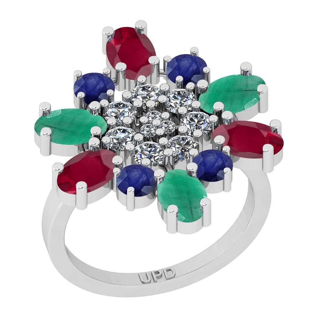 4.03 Ctw SI2/SI1 Multi Stone And Diamond 14K White Gold Cocktail Engagement: Multi Stone Weight : 3.40 Ctw ( Oval & Round Cut) Multi Stone Color :-Emerald,Ruby,Blue Sapphire Multi Stone Setting : Prong Side Stone Weight Of Ctw 0.63 Ctw Side Stone Color : G-H Stone Clarity :