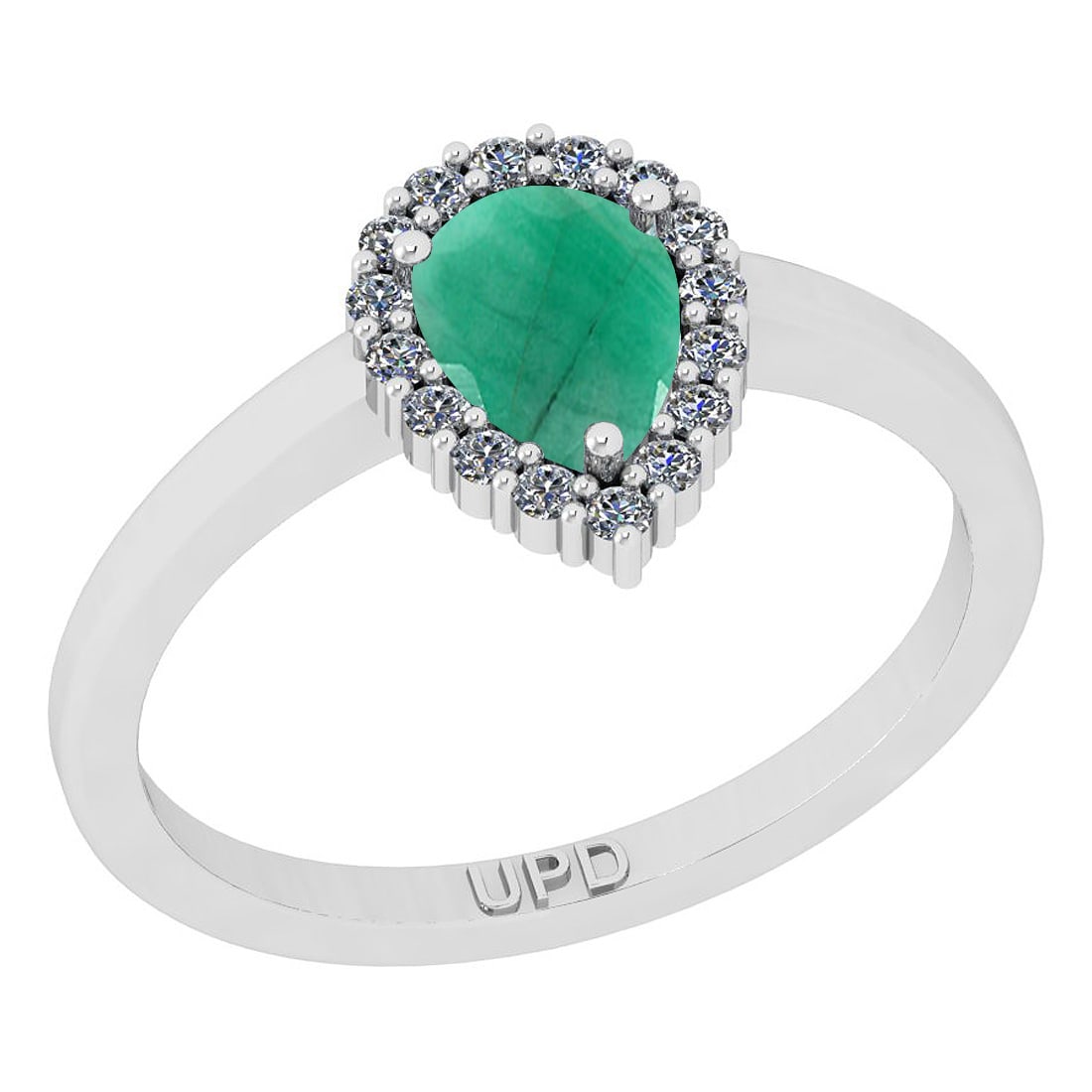 0.91 Ctw SI2/I1 Emerald And Diamond 14K White Gold Engagement Ring: Center Stone Weight : 0.75 Ctw ( Pear Cut) Center Stone Color :-Emerald Stone Setting : Prong Side Stone Weight Of Ctw 0.16 Ctw Side Stone Color : J-K Stone Clarity : SI2/I1 Stone Setting : Prong