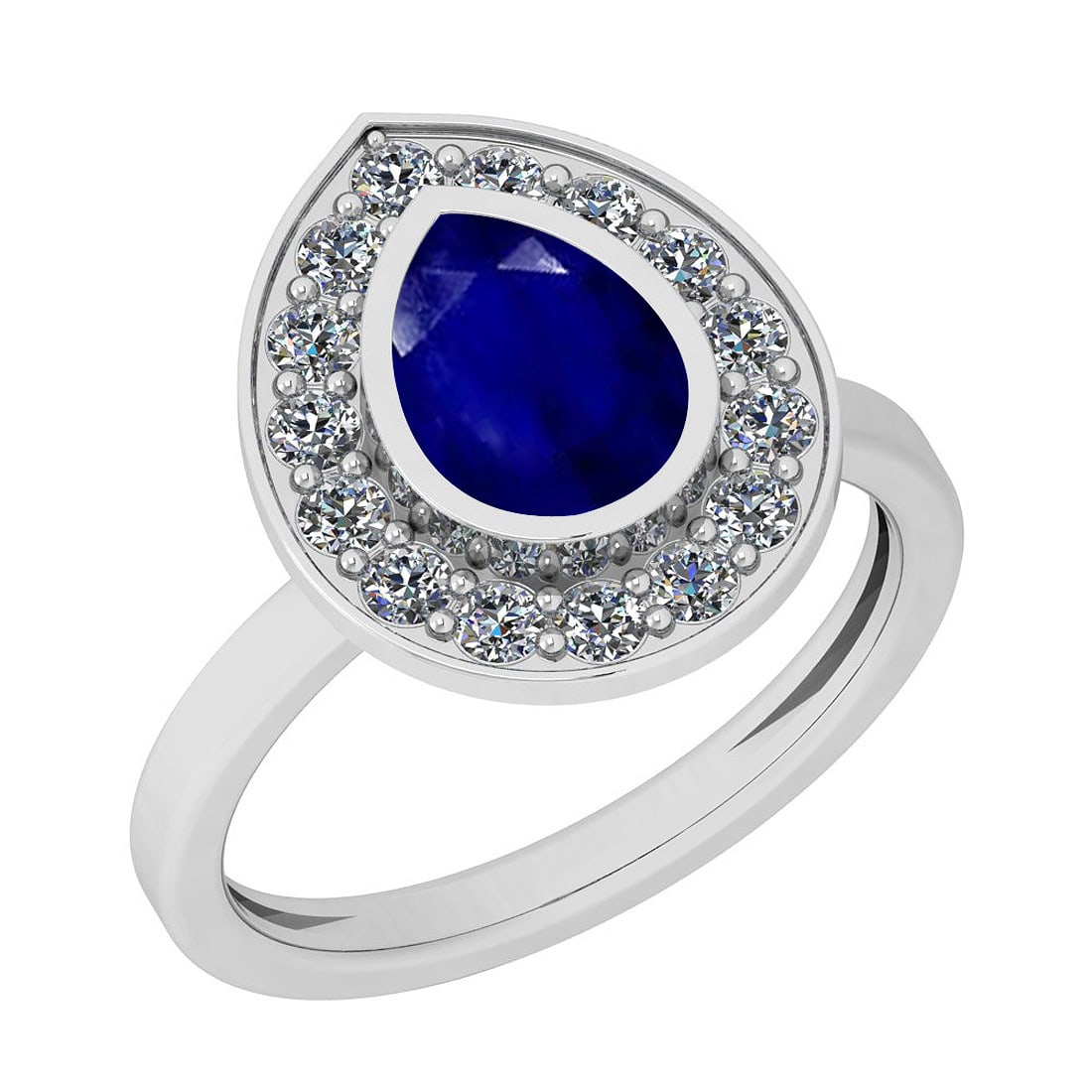 1.77 Ctw I2/I3 Blue Sapphire And Diamond 14K White Gold Ring: Color Stone Weight : 1.25 Ctw (1 Psc Pear ) Center Stone Color : Blue Sapphire Center Stone Setting : Prong Side Stone Weight Of Ctw 0.52 Ctw Side Stone Color : J-K Stone Clarity : I2/I3 Stone