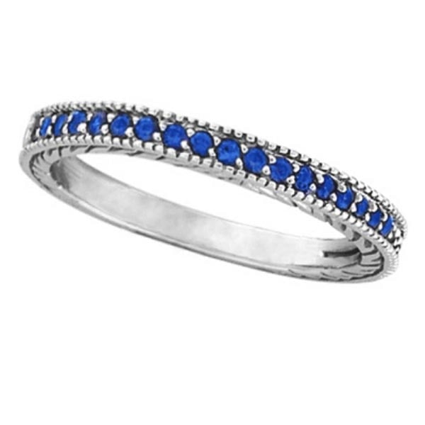Blue Sapphire Stackable Ring With Milgrain Edges in 14k White Gold 0.50 Ctw: CENTER STONE 0.50Ctw; Sapphire CENTER STONE CLARITY; CENTER STONE COLOR; Blue CENTER STONE SETTING; Prong SIDE STONE CLARITY; SIDE STONE COLOR; SIDE STONE SETTING; ctw OF SIDE STONE: SIDE STONE
