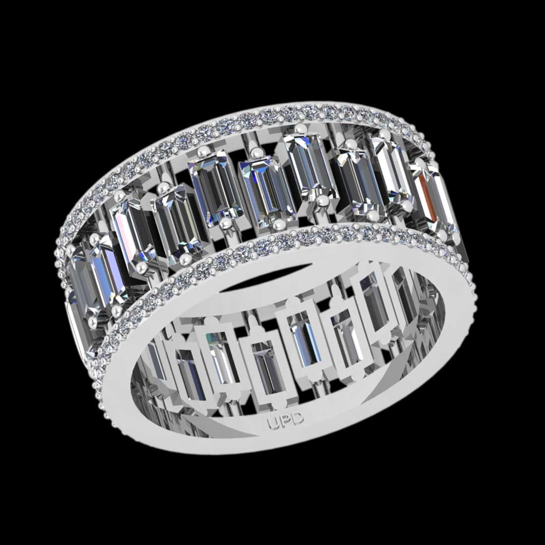 3.91 Ctw SI2/I1 Diamond 14K White Gold Entity Band Ring: Center Diamond Weight : 3.36 Ctw ( baguette Cut) Center Color :-J-K Center Stone Clarity :- SI2/I1 Center Stone Setting : Prong Side Stone Weight Of Ctw 0.55 Ctw Side Stone Color : J-K Stone Clarity