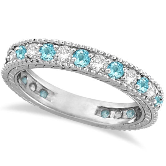 Diamond and Aquamarine Eternity Ring Band 14k White Gold 1.08ctw: CENTER STONE; Aquamarine CENTER STONE CLARITY; CENTER STONE COLOR; CENTER STONE SETTING; Prong SIDE STONE CLARITY; SI1-SI2 SIDE STONE COLOR; J-K SIDE STONE SETTING; Prong ctw OF SIDE STONE: 0.5 SIDE