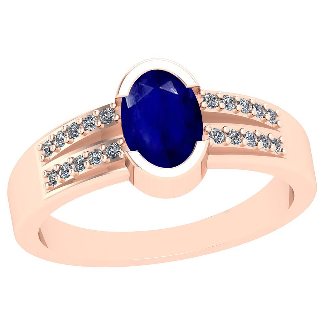0.62 Ctw I2/I3 Blue Sapphire And Diamond 14K Rose Gold Ring: Color Stone Weight : 0.50 Ctw (1 Psc Oval ) Center Stone Color : Blue Sapphire Center Stone Setting : Prong Side Stone Weight Of Ctw 0.12 Ctw Side Stone Color : J-K Stone Clarity : I2/I3 Stone