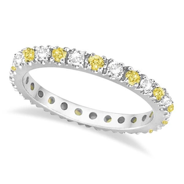 Fancy Yellow Canary and White Diamond Eternity Ring Band 14K Gold 1.00 ctw: CENTER STONE; Diamond CENTER STONE CLARITY; SI CENTER STONE COLOR; Yellow CENTER STONE SETTING; Prong SIDE STONE CLARITY; SI SIDE STONE COLOR; J-K SIDE STONE SETTING; Prong ctw OF SIDE STONE: 0.25