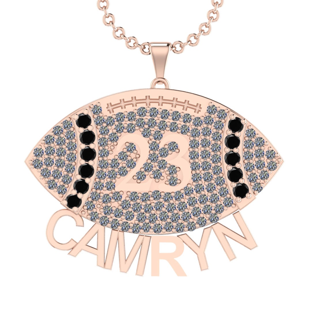 6.00 Ctw Treated Fancy Black Diamond 14K Rose Gold football theme Pendant N: Center Diamond Weight : 1.10 Ctw (Round Cut) Center Color :-Treated Fancy Black Diamond Clarity : I2/I3 Setting : Prong Side Weight Of Ctw 4.90 Ctw Color : J-K Clarity : I2/I3 Stone Setting : Prong Me