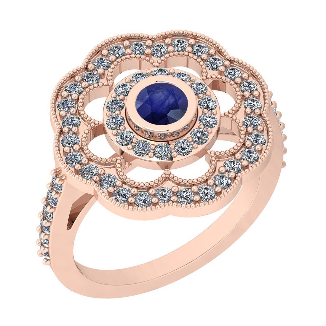 1.09 Ctw SI2/I1 Blue Sapphire And Diamond 14K Rose Gold Engagement Halo Rin: Center Weight : 0.34 Ctw ( Round Cut ) Center Color :- Blue Sapphire Stone Setting : Bezel Side Stone Weight Of Ctw 0.75 Ctw Side Stone Color : J-K Stone Clarity : SI2/I1 Stone Setting : Prong Metal