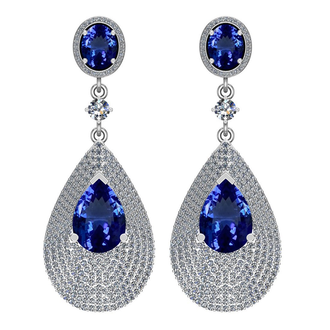 Certified 16.50 Ctw VS/SI1 Tanzanite And Diamond 14k White Gold Vingate Sty: Center Approx Weight: 13.00 Ctw (Oval& Pear Cut) Center Color: Tanzanite Center Stone Setting: Prong Side Stone 3.50 Ctw Side Stone Color: J-K Stone Clarity: VS/SI1 Stone Setting: Prong Metal Approx W