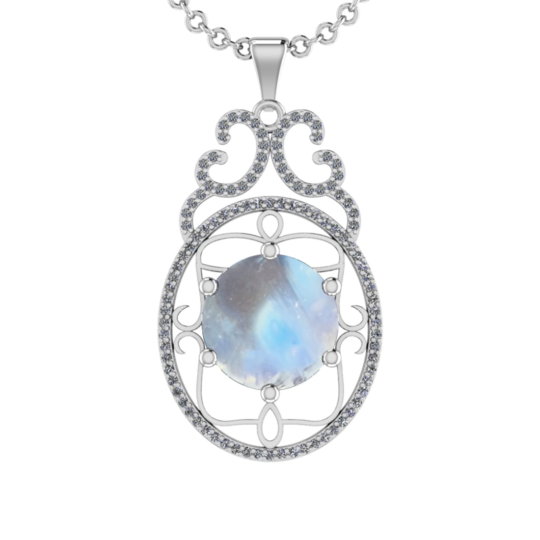 7.73 Ctw SI2/I1Rainbow Moonstone And Diamond 14K White Gold Pendant Necklac: Center Stone Weight : 7.46 Ctw ( Round Cab ) Center Stone Color : Rainbow Moonstone Stone Setting : Prong Side Diamond Weight Of Ctw 0.27 Ctw Side Stone Color : J-K Stone Clarity : SI2/I1 Stone Settin