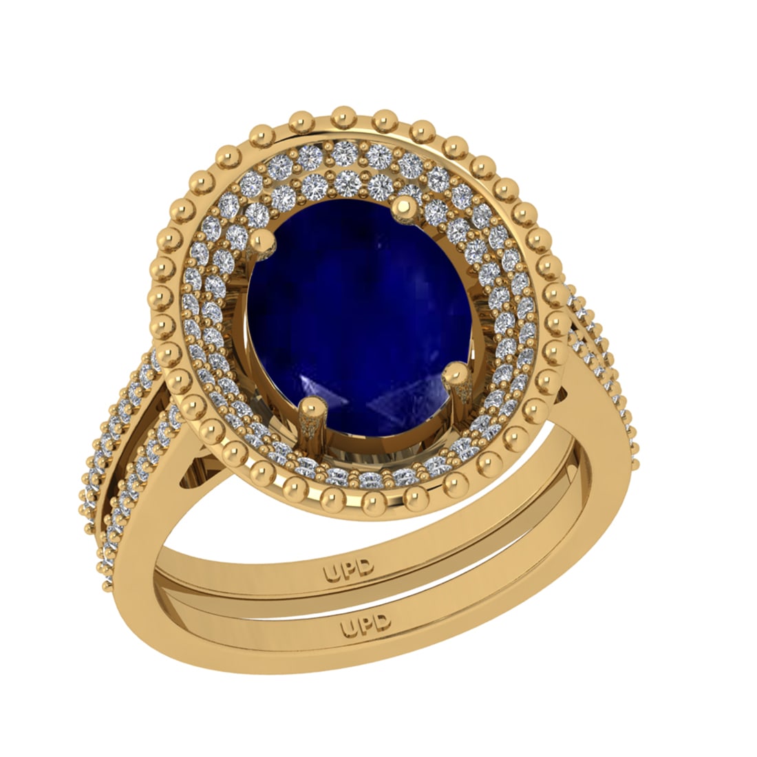 3.04 Ctw I2/I3 Blue Sapphire And Diamond 14K Yellow Gold Engagement Ring: Center Stone Weight : 2.50 Ctw ( Oval Cut ) Center Stone Color : Blue Sapphire Stone Setting : Prong Side Diamond Weight Of Ctw 0.54 Ctw Side Stone Color : J-K Stone Clarity : SI2/I1 Stone Setting : P