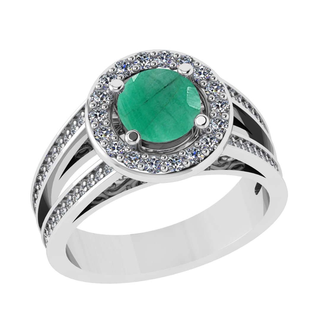 2.14 Ctw I2/I3 Emerald And Diamond 14K White Gold Engagement Ring: Center Stone Weight :1.10 Ctw ( Round Cut ) Center Stone Color : Emerald Stone Setting : Prong Side Diamond Weight Of Ctw 1.04 Ctw Side Stone Color : J-K Stone Clarity : SI2/I1 Stone Setting : Prong M