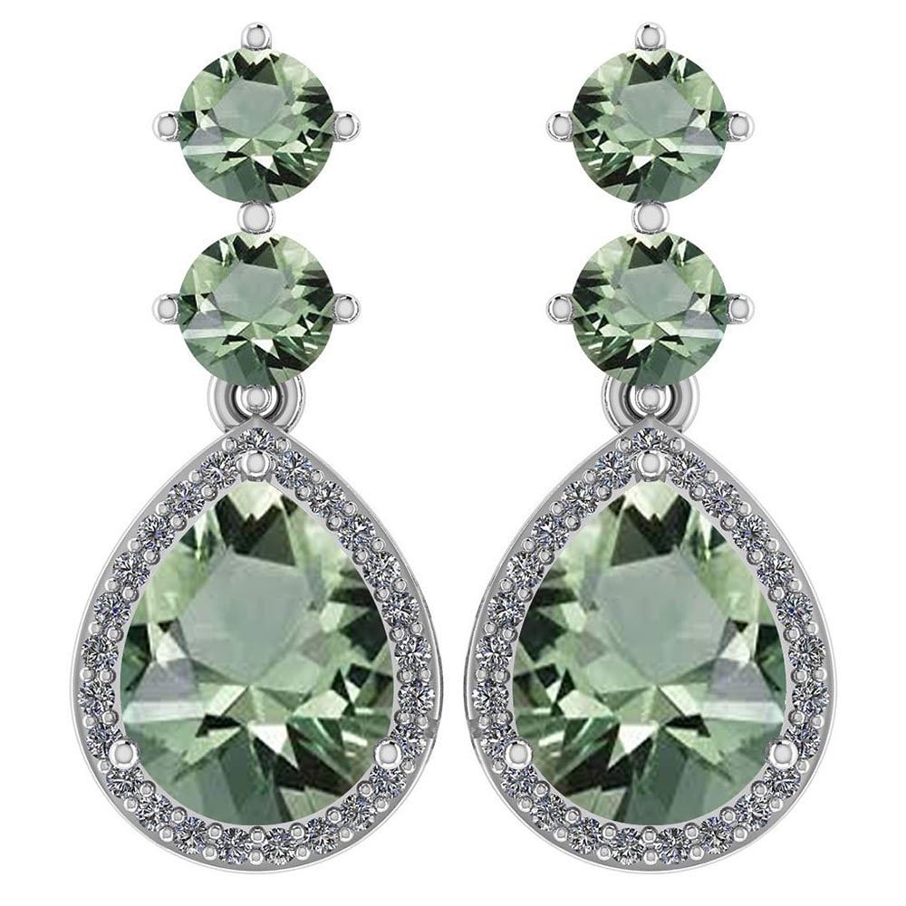 Certified 5.17 Ctw Green Amethyst And Diamond 14k White Gold Halo Dangling: Center Stone Weight ; 4.00 Ctw ( 2pec Pear ) Top Stone Weight: 0.92 (4.mm 4 Pec Round) Stone Color : Green Amethyst Center Stone Setting ; Prong Side Stone ( 1.00mm 50 Pec Round Cut Diamond ) .25 ctw 