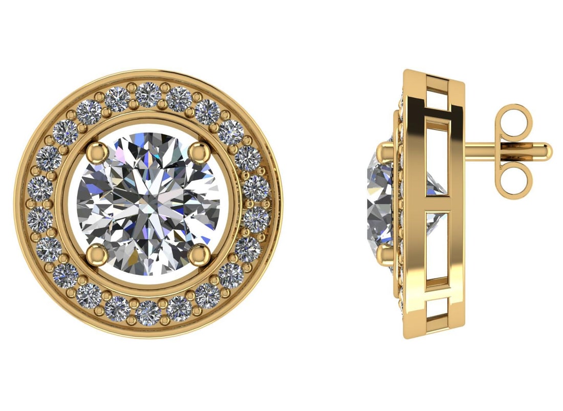 Certified 1.40 CTW Round Diamond 14K Yellow Gold Earring: Center Stone 1.00 CTW 2 Round Diamond Center Stone Clarity:SI1-SI2 Center Stone Color: White Diamond Stone Setting ;Prong Side Stone Clarity;SI1-SI2 Side Stone Color ;White Diamond G-H Side Stone Sett
