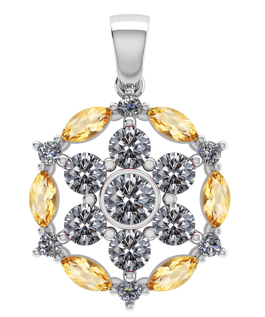 Certified 1.30 CTW Genuine Citrine And Diamond 14K White Gold Pendant: Diamond Weight (13pcs) 1.00 CTWRound Center Stone Clarity:SI1-SI2 Center Stone Color: White Diamond Stone Setting ;Bezel Side Stone Clarity;SI1-SI2 Side Stone Color ; Marquise Citrine G-H Side Stone S