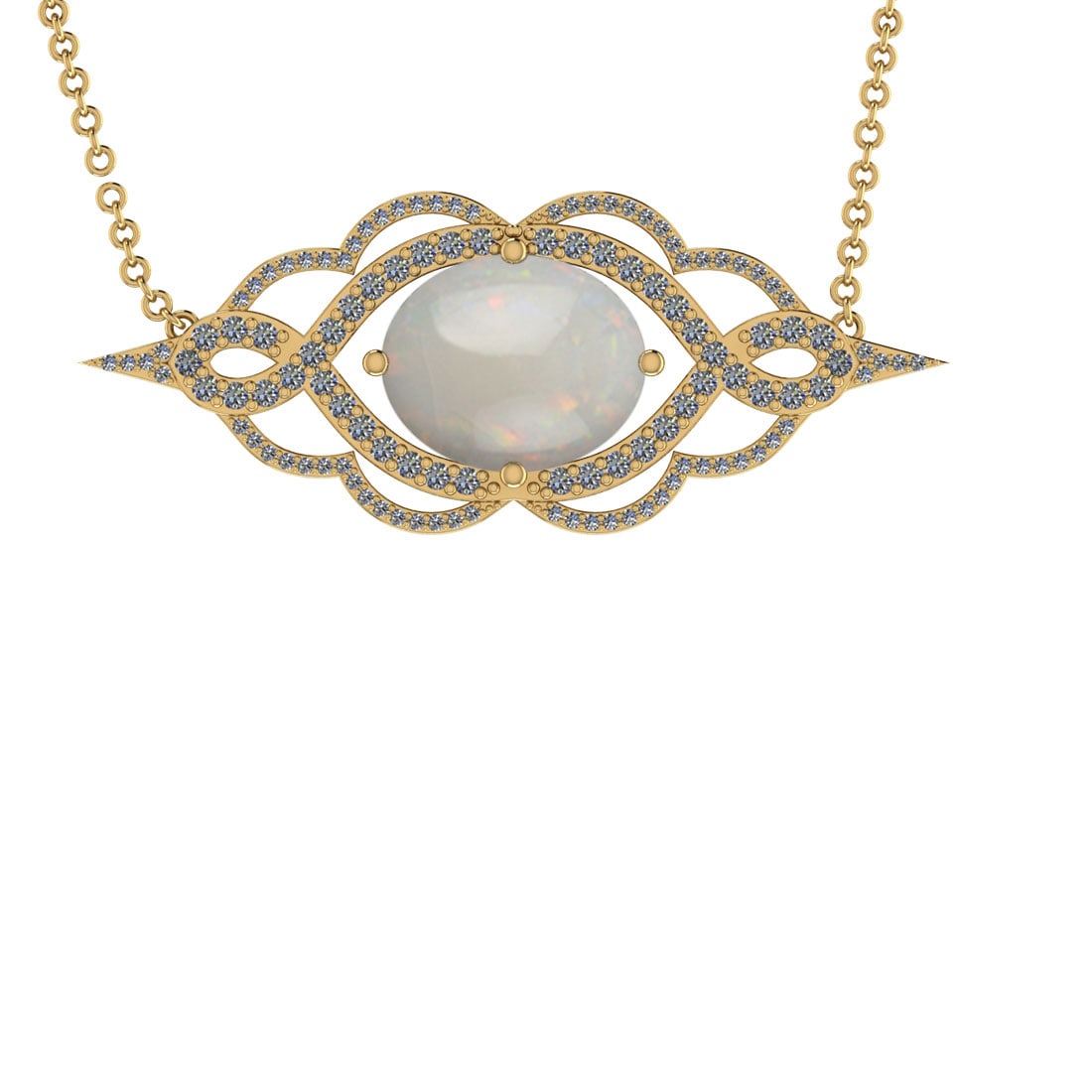 10.43 Ctw SI2/I1 Opal And Diamond 14K Yellow Gold Pendant Necklace: Center Stone Weight : 8.86 Ctw ( Oval Cab ) Center Stone Color : Opal Stone Setting : Prong Side Diamond Weight Of Ctw 1.57 Ctw Side Stone Color : J-K Stone Clarity : SI2/I1 Stone Setting : Prong Meta