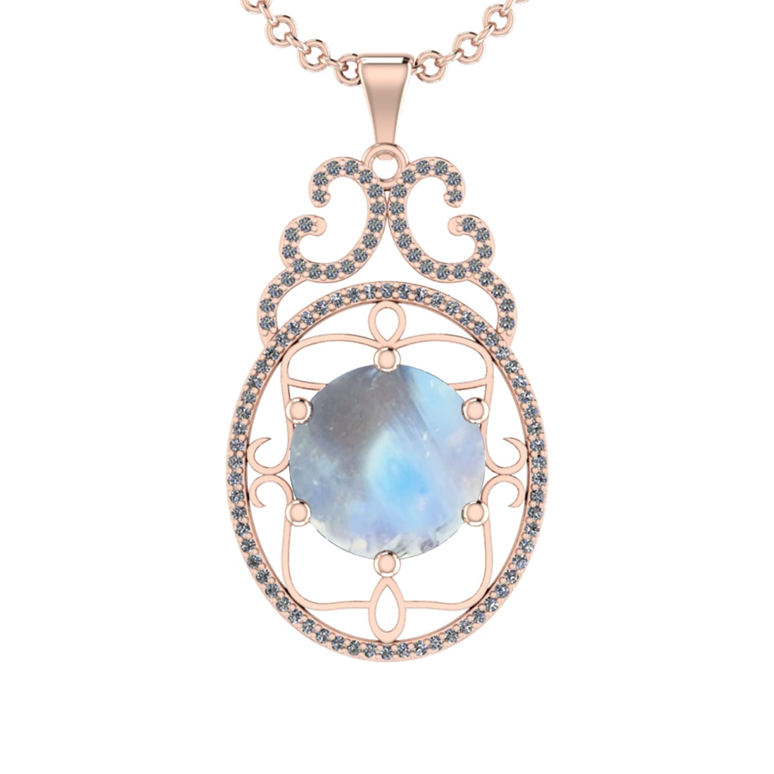 7.73 Ctw SI2/I1Rainbow Moonstone And Diamond 14K Rose Gold Pendant Necklace: Center Stone Weight : 7.46 Ctw ( Round Cab ) Center Stone Color : Rainbow Moonstone Stone Setting : Prong Side Diamond Weight Of Ctw 0.27 Ctw Side Stone Color : J-K Stone Clarity : SI2/I1 Stone Settin
