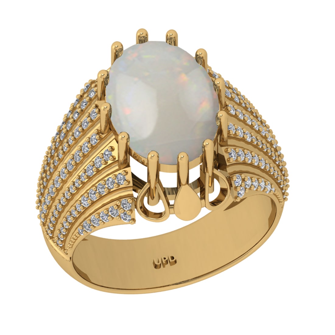 3.59 Ctw I2/I3 Opal And Diamond 14K Yellow Gold Engagement Ring: Center Stone Weight : 3.03 Ctw (Oval Cab ) Center Stone Color : Opal Stone Setting : Prong Side Diamond Weight Of Ctw 0.56 Ctw Side Stone Color : J-K Stone Clarity : I2/I3 Stone Setting : Prong Metal 