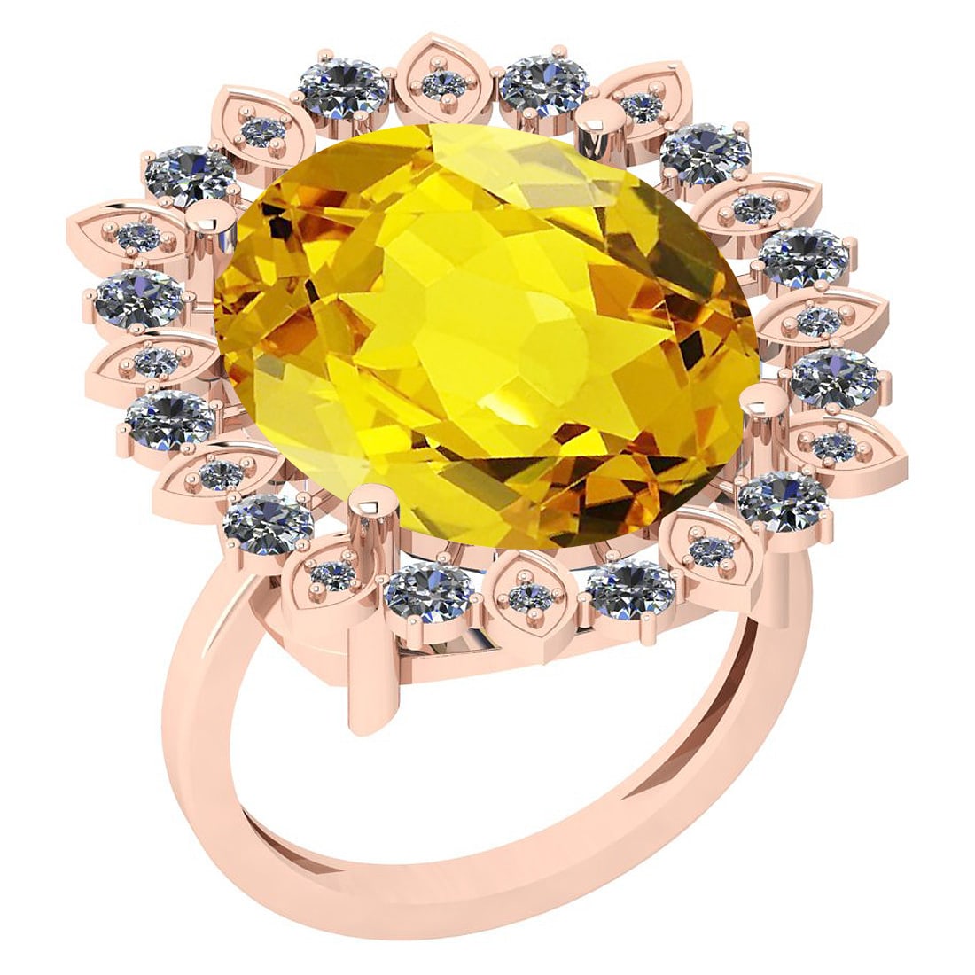 18.55 Ctw I2/I3 Lemon Topaz And Diamond 14k Rose Gold Engagement Halo Ring: Center Stone Weight : 17.50 Ctw (1 Psc Oval Cut ) Center Stone Color : Lemon Topaz Center Stone Setting : Prong Side Stone Weight Of Ctw 1.05 Ctw Side Stone Color : J-K Stone Clarity : I2/I3 Stone