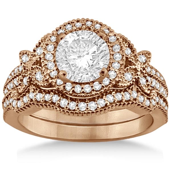 Butterfly Diamond Engagement Ring and Wedding Band 14k Rose Gold 1.58ctw: CENTER STONE; Diamond (1.00 CTW) CENTER STONE CLARITY; SI1-SI2 CENTER STONE COLOR; Gh CENTER STONE SETTING; Pave SIDE STONE CLARITY; SIDE STONE COLOR; SIDE STONE SETTING; .58 ctw OF SIDE STONE: SIDE