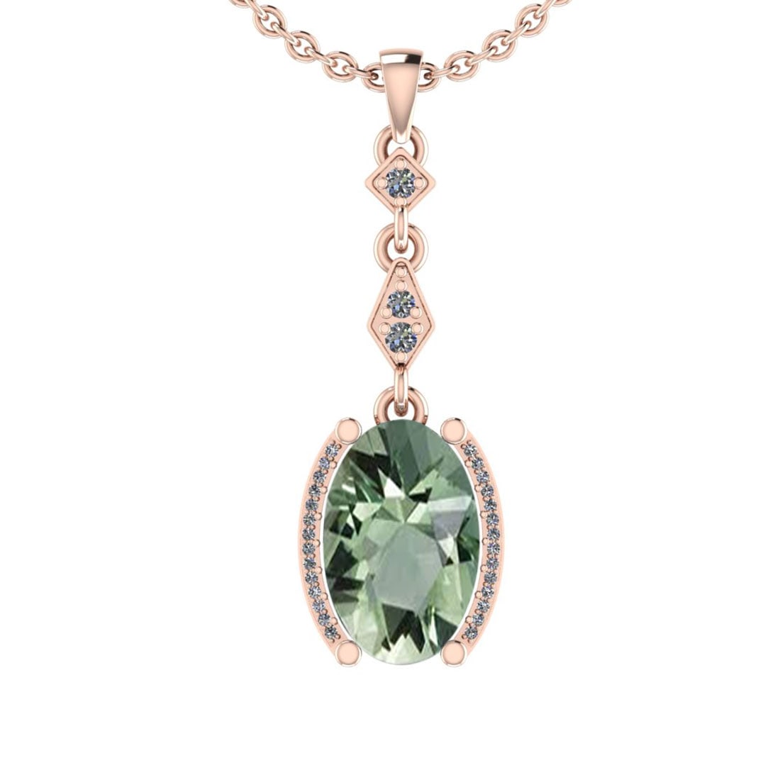 24.82 Ctw I2/I3 Green Amethyst And Diamond 10K Rose Gold Pendant: Center Stone Weight : 23.72 Ctw (Oval Cut ) Center Stone Color : Green Amethyst Center Stone Setting : Prong Side Stone Weight Of Ctw 1.10 Ctw Side Stone Color : J-K Stone Clarity : I2/I3 Stone