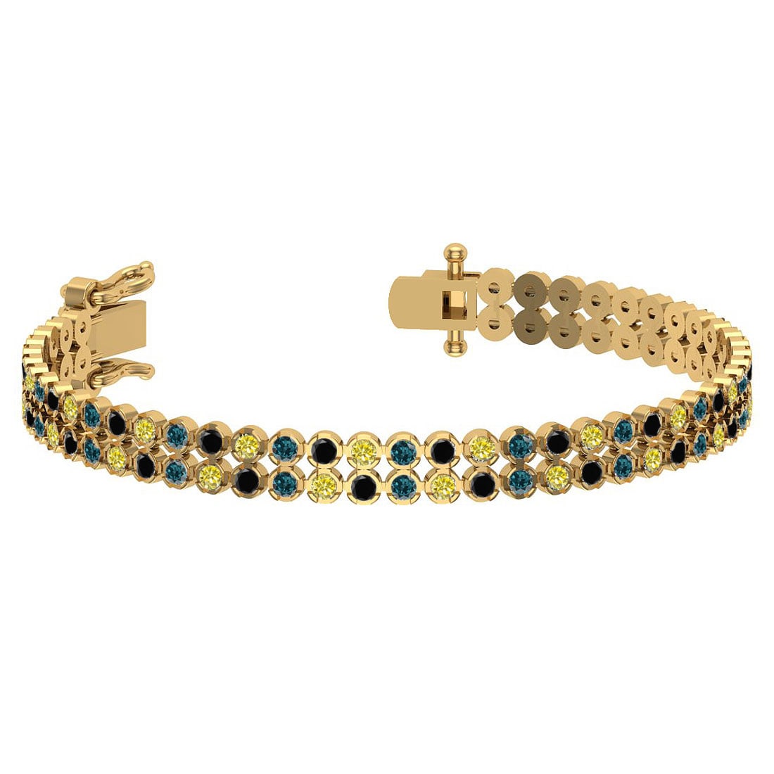 1.50 Ctw I2/I3 Multi Diamond14K Yellow Gold 2 Row Bracelet: Center Diamond Weight : 1.50 Ctw (Round Cut) Center Diamond Color :- Treated Fancy Blue black yellow diamond Center Clarity : I2/I3 Stone Setting : Prong Metal Weight : Approx 16.50 Gram 14K Yellow